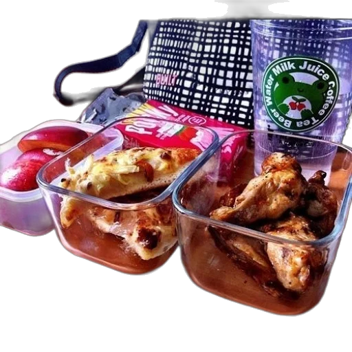 food, lunch, chicken, wings, apples, drink, clear, container transparent PNG cut-out