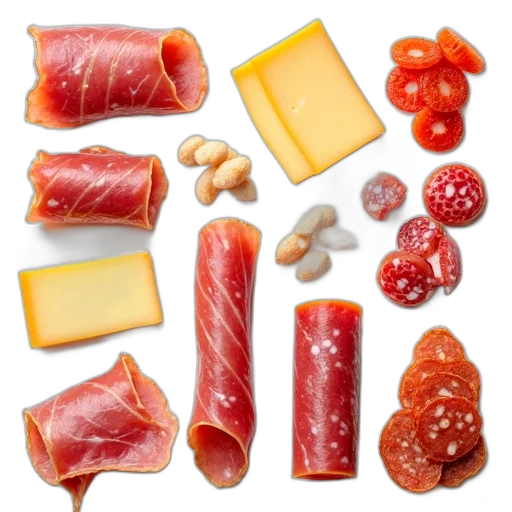 food, animal, collection, various, meats, cheeses, displayed, grid transparent PNG cut-out