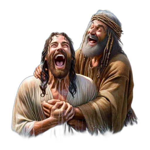 photorealistic, concept art, two, men, laugh, hug, amidst, gathering transparent PNG cut-out