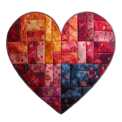 pixel art, red, colorful, patchwork, heart, quilt, different, fabrics transparent PNG cut-out