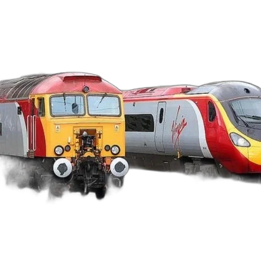 red, yellow, train, virgin, tracks, gray, building, background transparent PNG cut-out