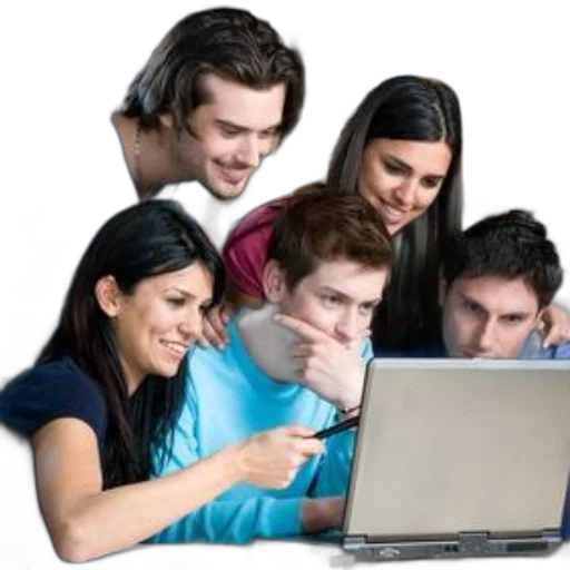 staff, group, young, adults, gather, around, laptop, library transparent PNG cut-out