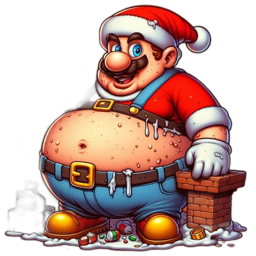 food, concept art, mario, super, games, depicted, obese, santa-hatted transparent PNG cut-out
