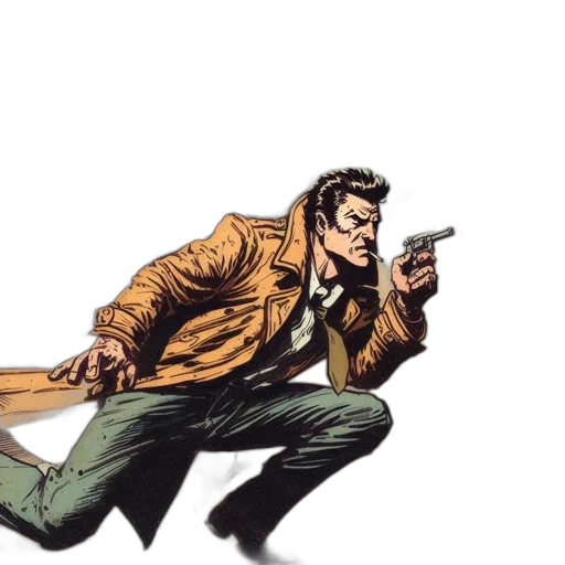 jacket, weapon, staff, comic book art, concept art, cartoon, cyberpunk, earth tones transparent PNG cut-out