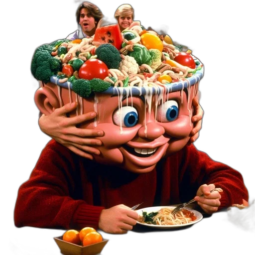 food, mask, face, creature, 3d render, whimsical, kitchen, scene transparent PNG cut-out