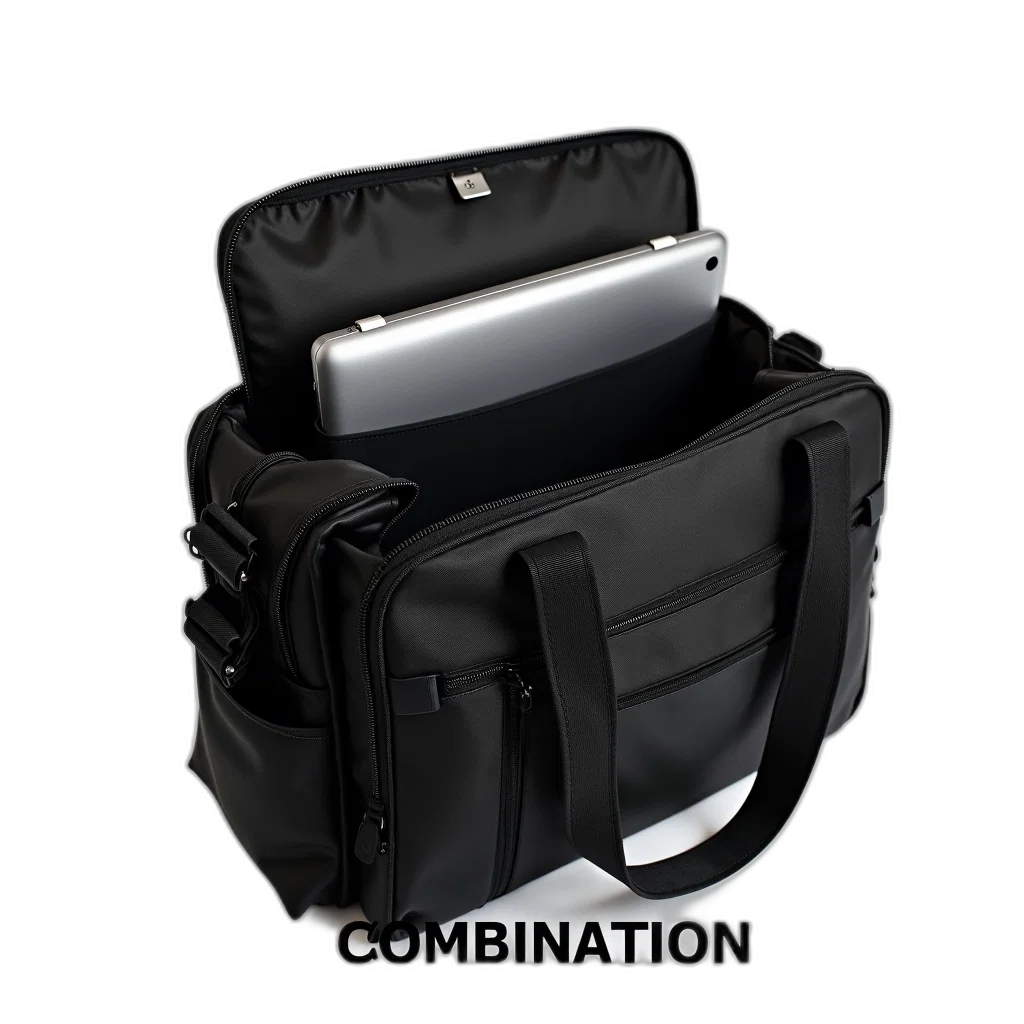 3d render, black, laptop, bag, tablet, inside, displayed, against transparent PNG cut-out
