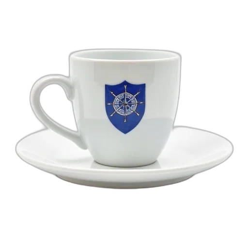 staff, white, ceramic, mug, blue, emblem, featuring, shield transparent PNG cut-out