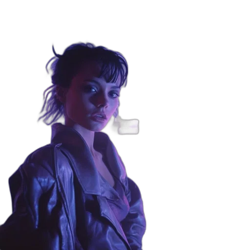 jacket, staff, dress, face, cyberpunk, vaporwave, concept art, photorealistic transparent PNG cut-out