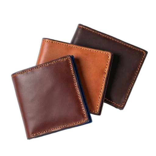 collection, three, brown, leather, wallets, visible, stitching, textured transparent PNG cut-out