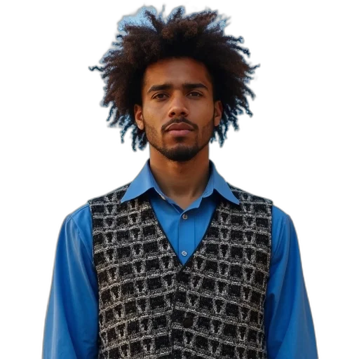 jacket, dress, face, staff, cyberpunk, man, curly, hair transparent PNG cut-out