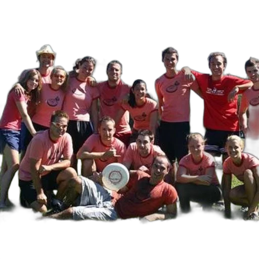 staff, red, group, people, wearing, pink, shirts, pose transparent PNG cut-out