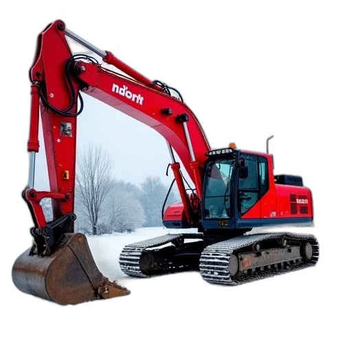 robot, snow, red, excavator, large, bucket, parked, snowy transparent PNG cut-out