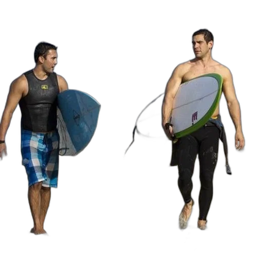 concept art, two, men, walking, beach, surfboards, one, wearing transparent PNG cut-out