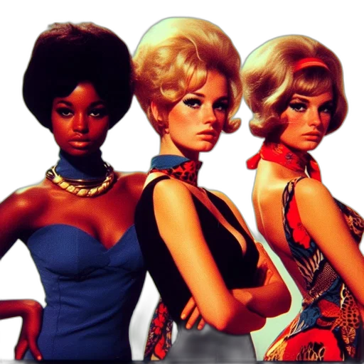 comic book art, concept art, three, women, 1960s, 70s-era, clothing, pose transparent PNG cut-out