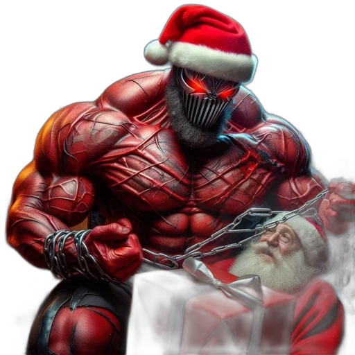 concept art, comic book art, muscular, menacing, santa, restrains, smaller, distress transparent PNG cut-out
