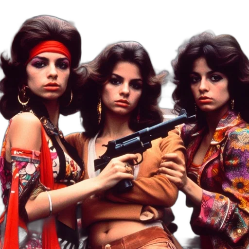 three, women, 1970s, era, stand, together, urban, setting transparent PNG cut-out