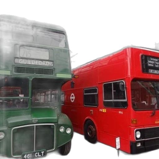 3d render, photorealistic, two, vintage, double-decker, buses, one, green transparent PNG cut-out