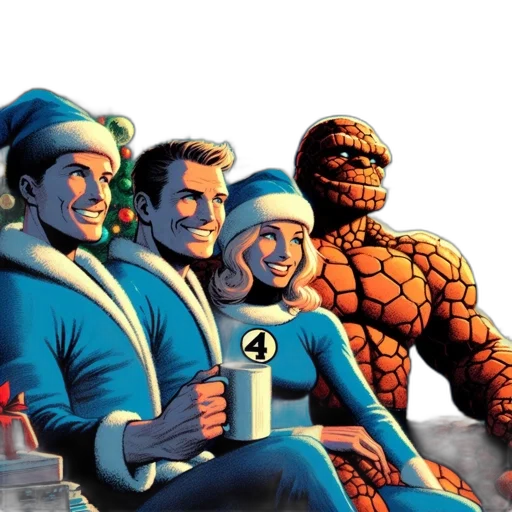 comic book art, concept art, four, characters, one, donning, santa, hat transparent PNG cut-out