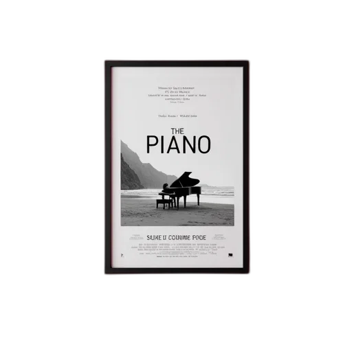 framed, movie, poster, piano, hanging, pink, wall, features transparent PNG cut-out