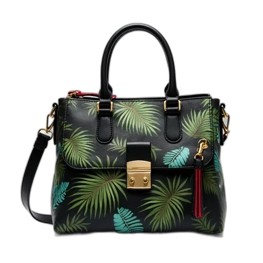 black, leather, handbag, tropical, leaf, pattern, displayed, against transparent PNG cut-out