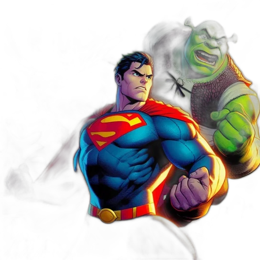 comic book art, concept art, fantasy art, 3d render, batman, superman, shrek, superimposed transparent PNG cut-out