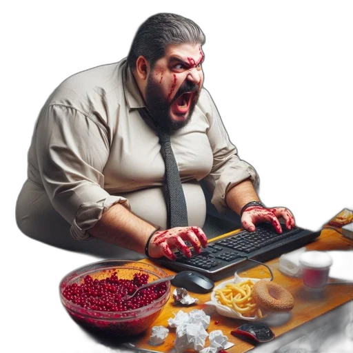 food, concept art, 3d render, photorealistic, frustrated, man, adorned, fake transparent PNG cut-out