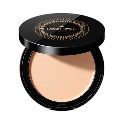 compact, powder, black, lid, white, label, displayed, reads transparent PNG cut-out