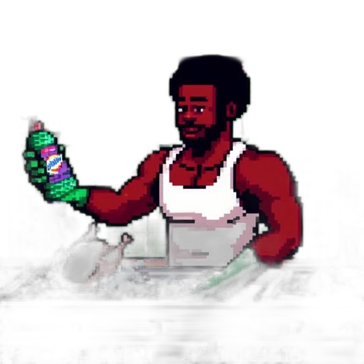bottle, staff, weapon, robot, pixel art, vaporwave, concept art, cartoon transparent PNG cut-out