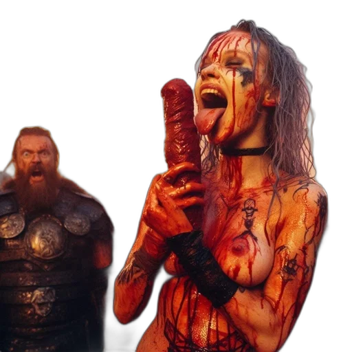 concept art, fire, woman, fake, blood, tattoos, distressed, look transparent PNG cut-out