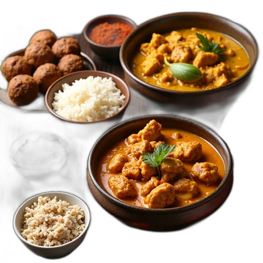 food, variety, indian, dishes, displayed, dining, table, including transparent PNG cut-out