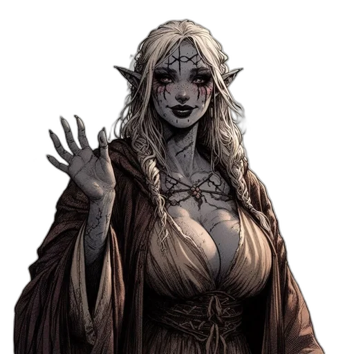 fantasy art, comic book art, concept art, pixel art, dark, earth tones, elf-like, woman transparent PNG cut-out