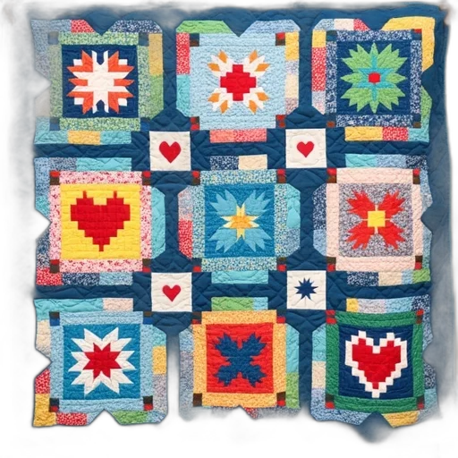 colorful, blue, quilt, variety, patterns, shapes, including, hearts transparent PNG cut-out