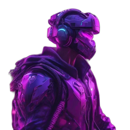 jacket, robot, mask, face, concept art, cyberpunk, vaporwave, 3d render transparent PNG cut-out