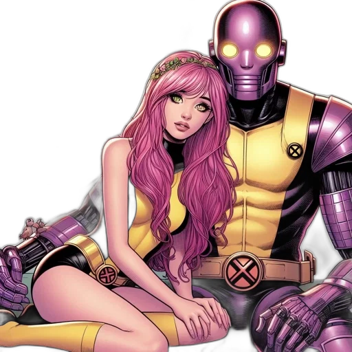 comic book art, concept art, cyberpunk, two, animated, characters, sit, together transparent PNG cut-out