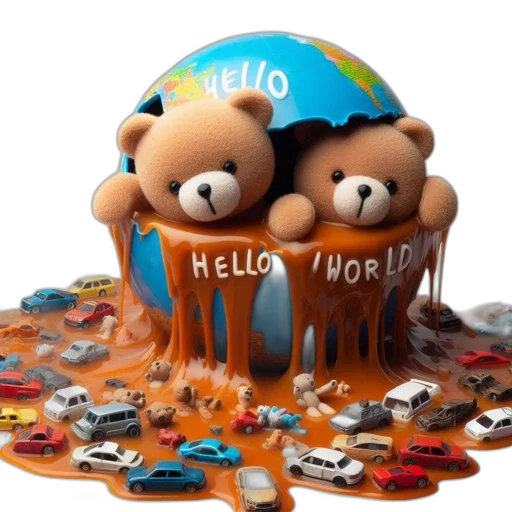 3d render, concept art, melting, globe, hello, world, written, two transparent PNG cut-out