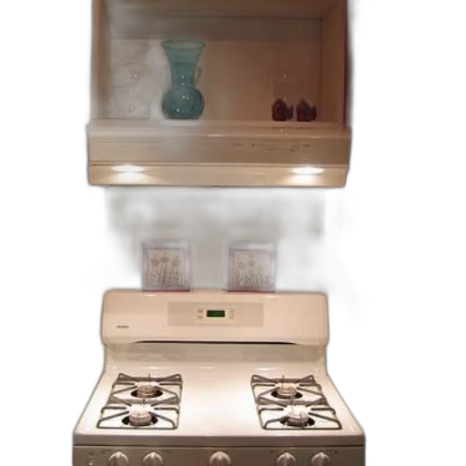 furniture, 3d render, fire, kitchen, white, stove, wooden, cabinets transparent PNG cut-out