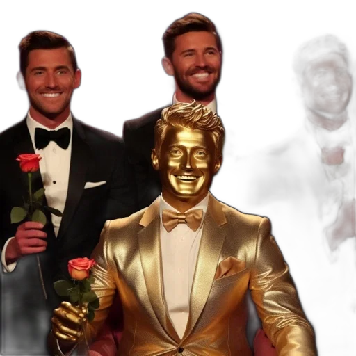 concept art, golden, four, formal-attired, men, hold, roses, one transparent PNG cut-out