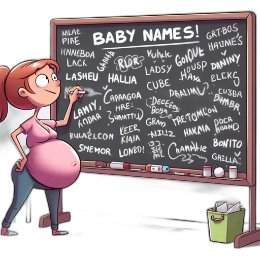 cartoon, concept art, pregnant, woman, stands, beside, chalkboard, listing transparent PNG cut-out