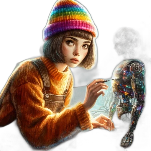 robot, jacket, hat, creature, concept art, fantasy art, cyberpunk, photorealistic transparent PNG cut-out