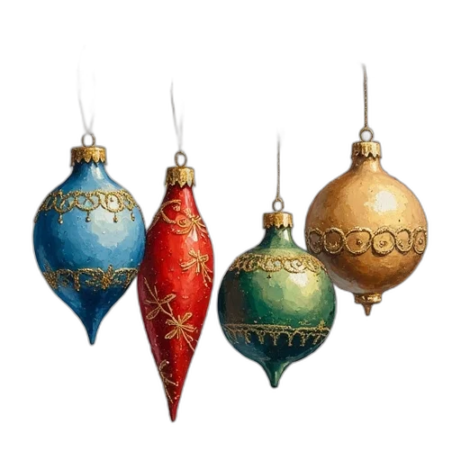 3d render, photorealistic, concept art, set, five, christmas, ornaments, hanging transparent PNG cut-out