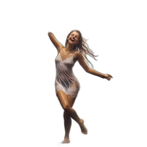 dress, photorealistic, woman, dances, rain, light-colored, wet, street transparent PNG cut-out
