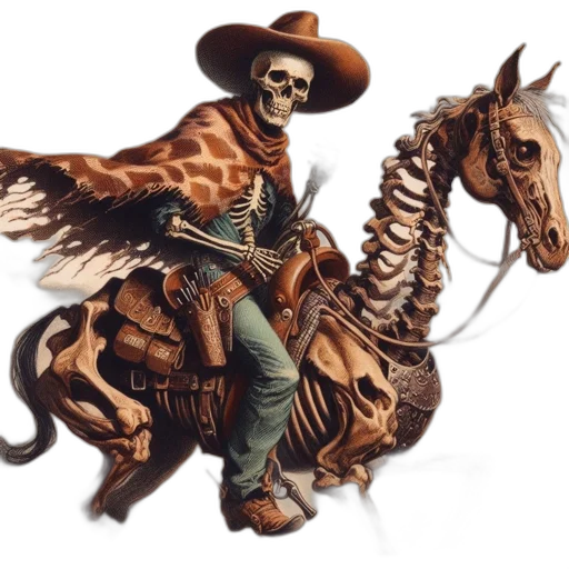 concept art, fantasy art, comic book art, photorealistic, skeletal, cowboy, rides, horse transparent PNG cut-out