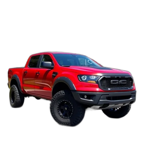car, 3d render, photorealistic, red, pickup, truck, parked, paved transparent PNG cut-out