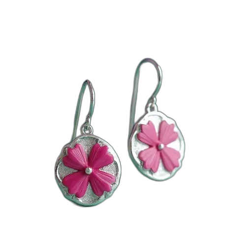 jewelry, pair, silver, earrings, pink, flower, designs, displayed transparent PNG cut-out