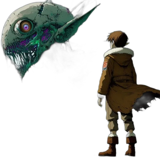 creature, mask, weapon, jacket, concept art, fantasy art, pixel art, comic book art transparent PNG cut-out