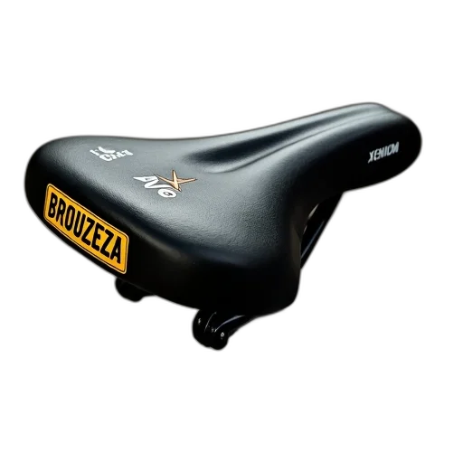 black, bicycle, seat, yellow, label, featuring, text, brouzeza transparent PNG cut-out