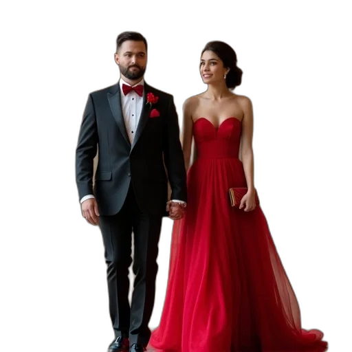 dress, red, man, woman, walking, down, hallway, wearing transparent PNG cut-out