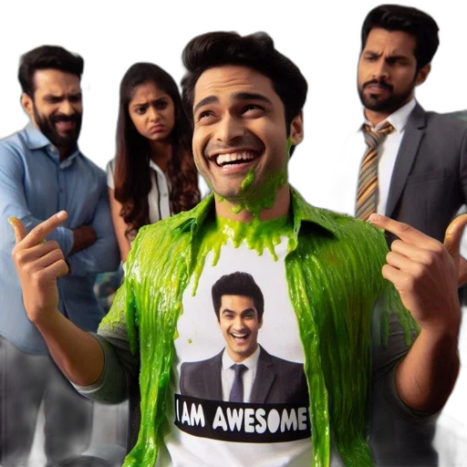 office, setting, man, covered, green, slime, laughs, his transparent PNG cut-out