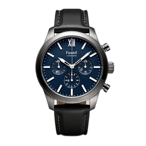 black, silver, wristwatch, leather, strap, displayed, against, white transparent PNG cut-out