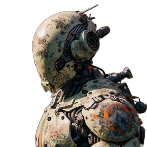 robot, weapon, mask, face, concept art, 3d render, cyberpunk, photorealistic transparent PNG cut-out